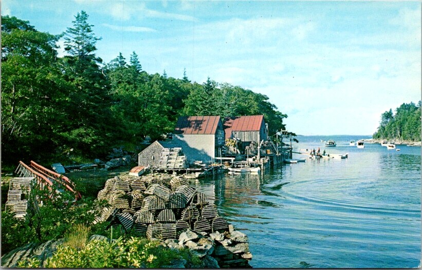 Postcard Maine Coast Fishing Village Lobster Traps New Harbor Maine ME      S414