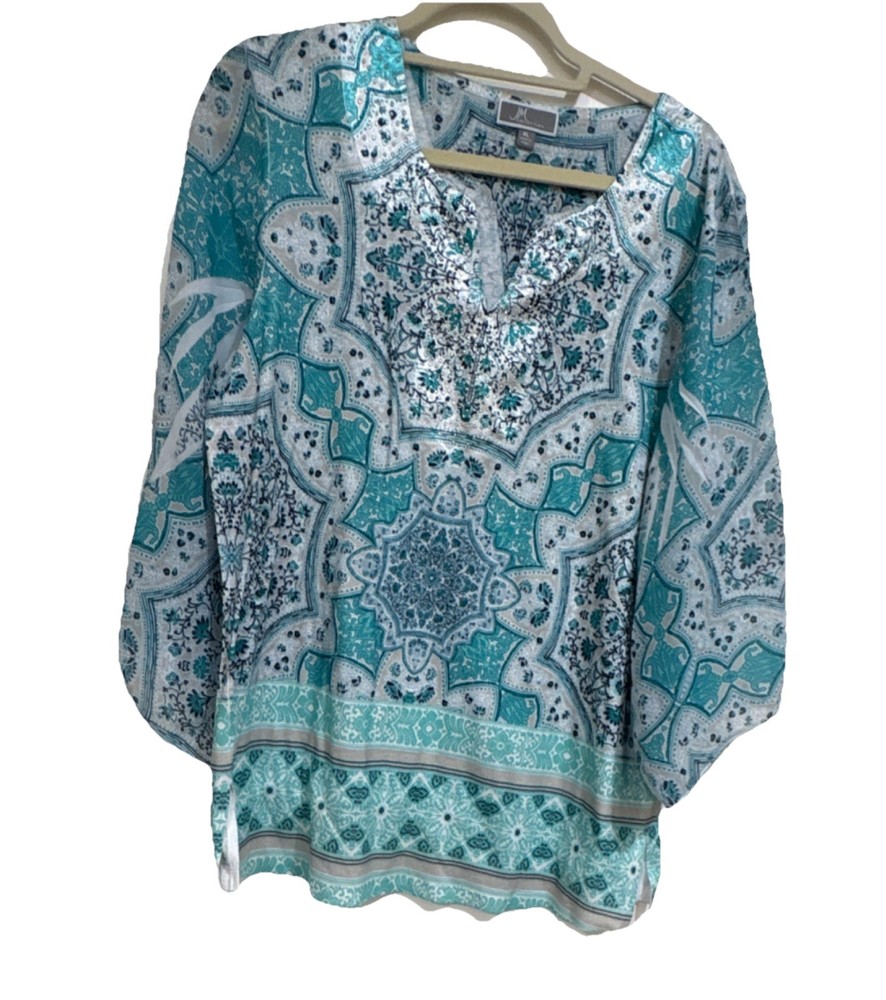 JM Collection Women’s XL Blue Paisley Bell Sleeve Split Neck Tunic Blouse