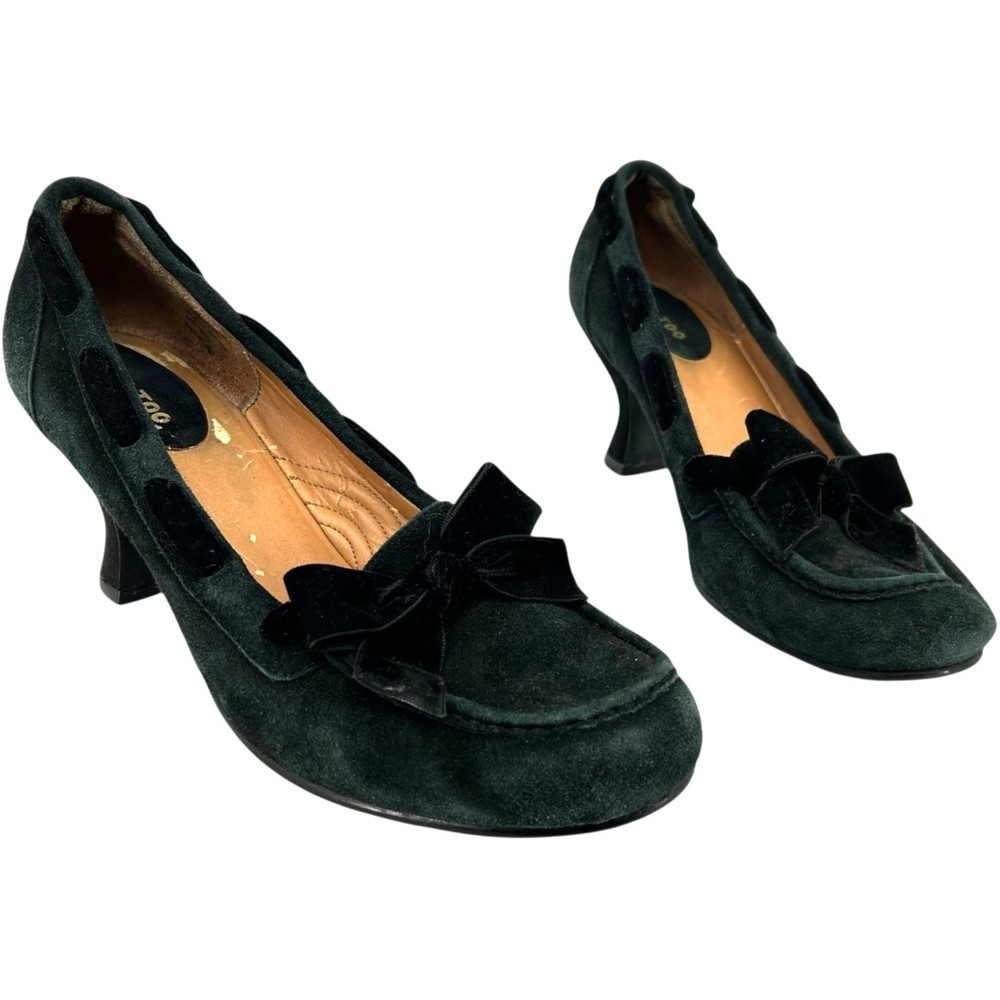 Vintage y2k Women's 7.5 M Me Too Black Leather Suede Bow Tie Moc Toe Heels Pumps