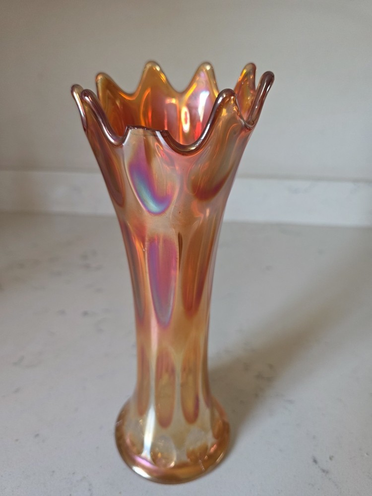 Vintage MCM Imperial Glass Carnival Glass Iridescent Marigold Swung Stretch Vase