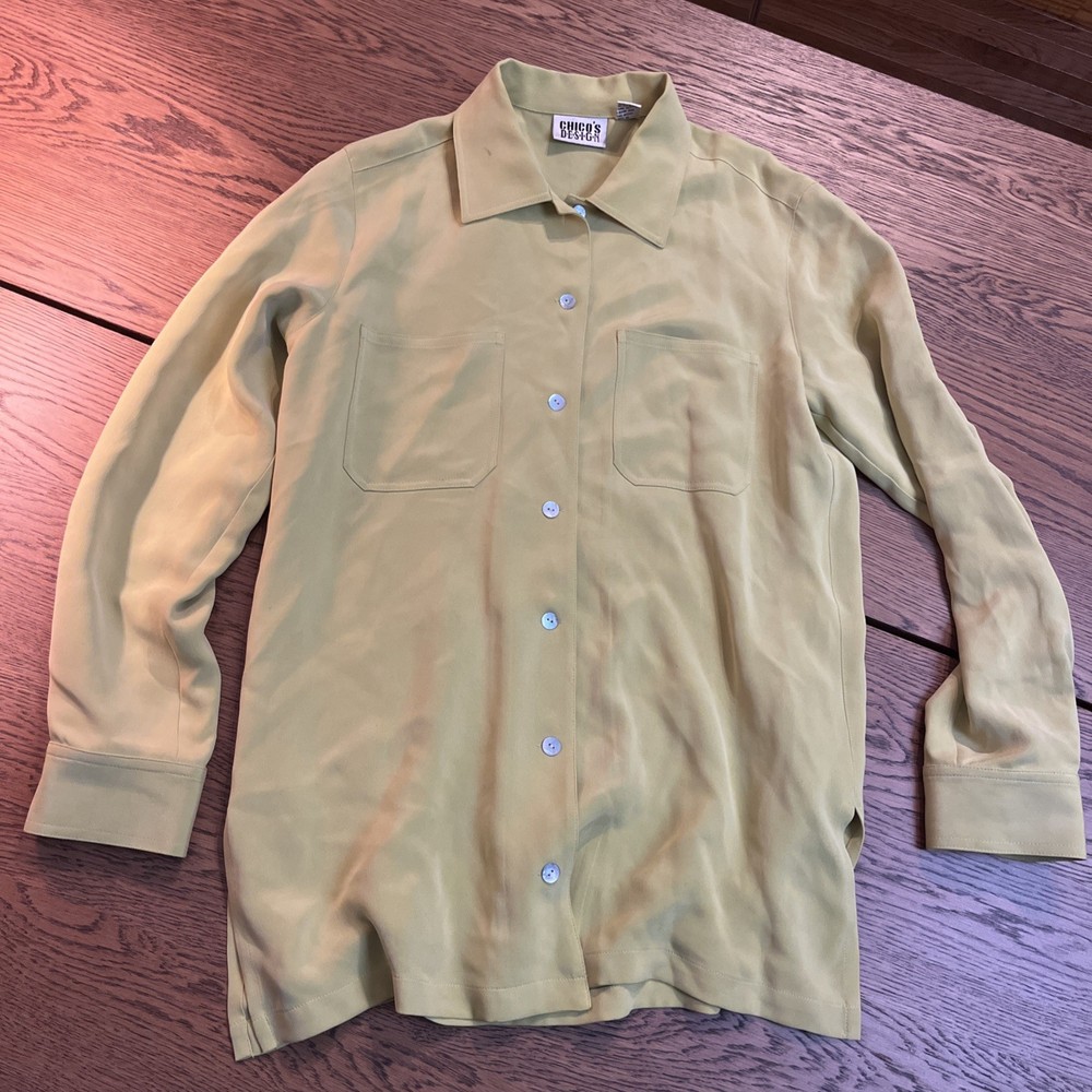 Vintage Chico’s Design Silk Long Sleeve Button Up Light Chartreuse Shirt Size-0