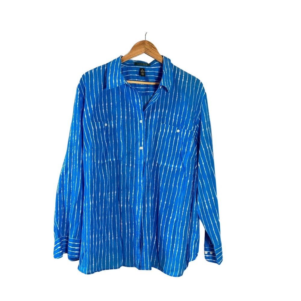 Lauren Ralph Lauren Womens 3X Blue White Striped Cotton Button Down Sheer Top