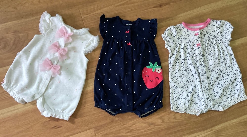Little Me, Carter’s 3 Baby Girl Rompers Size 6 Months