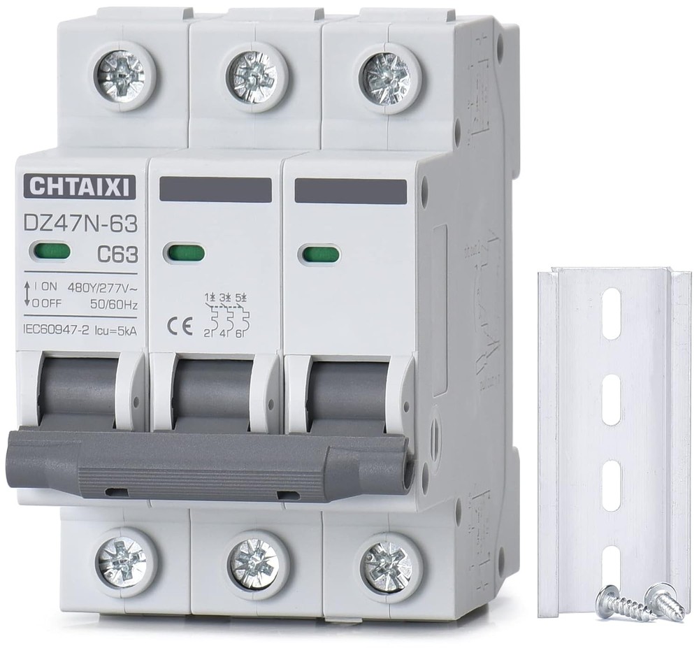 3 Pole DIN Rail Mount Circuit Breaker, 63 Amp 480V AC Miniature Circuit...