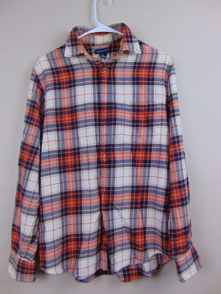 Land's End Orange & White Plaid Flannel Button-Up Long Sleeve Top - Size Small 14 14.5  