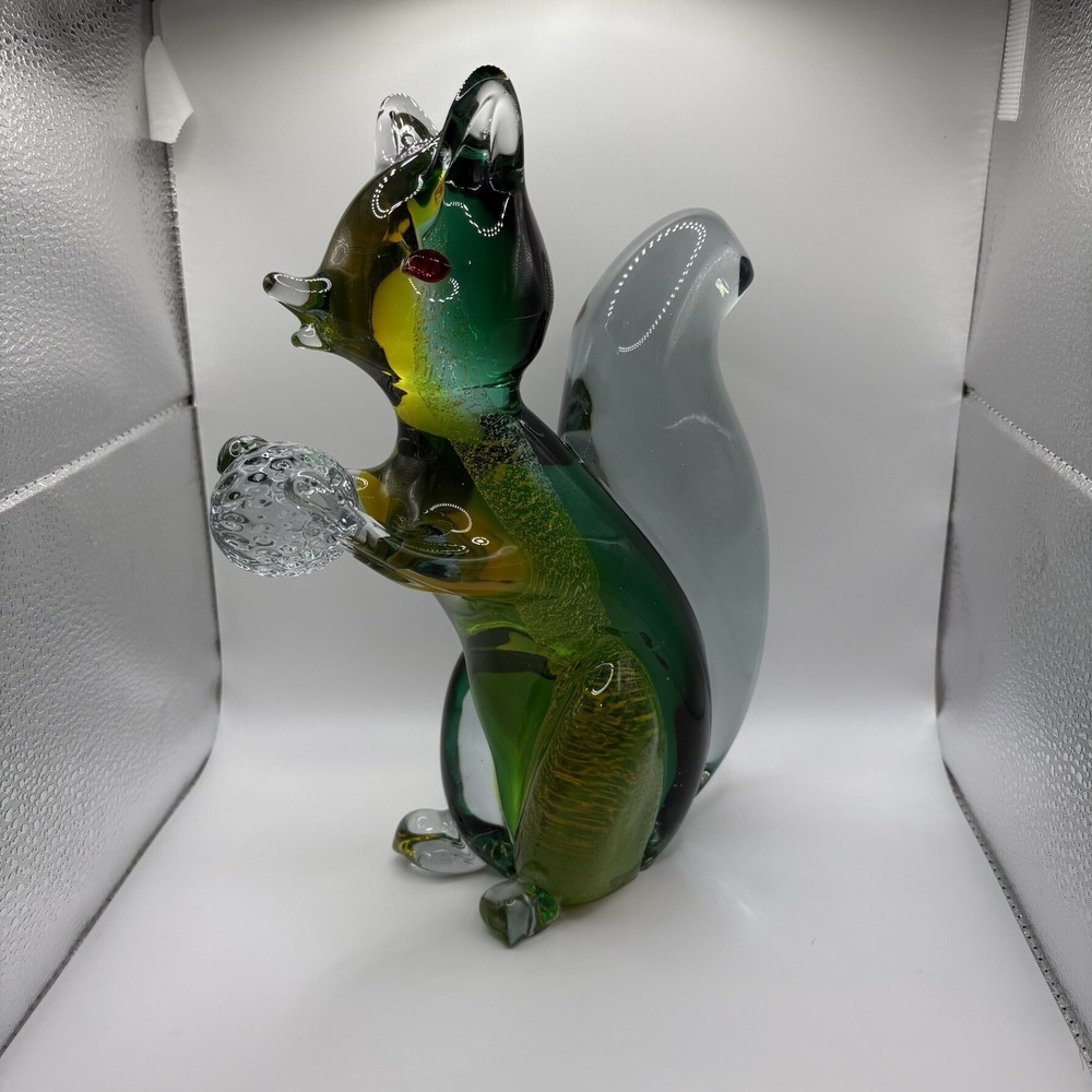Squirrel Figurine - Hand Blown Glass Green Yellow - 10