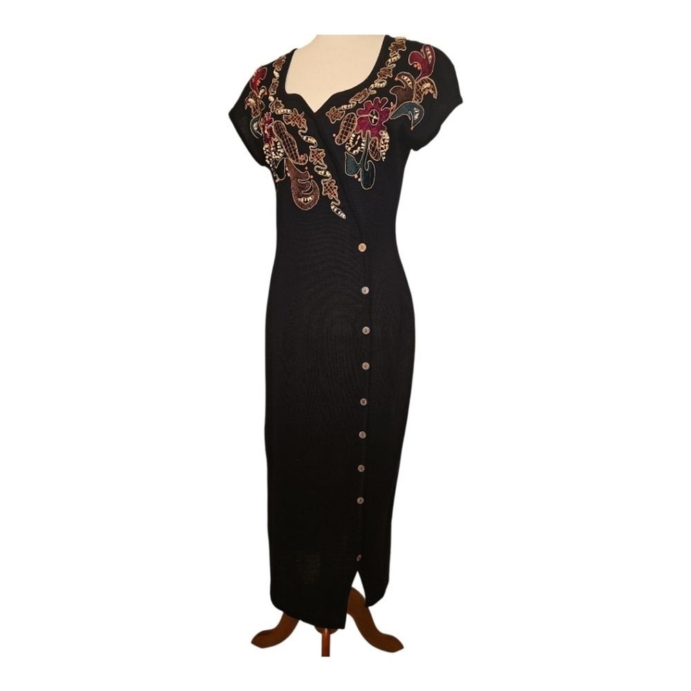 Vtg 90s Carole Little Embroidered Knit Button Front Dress Black Wool Blend M