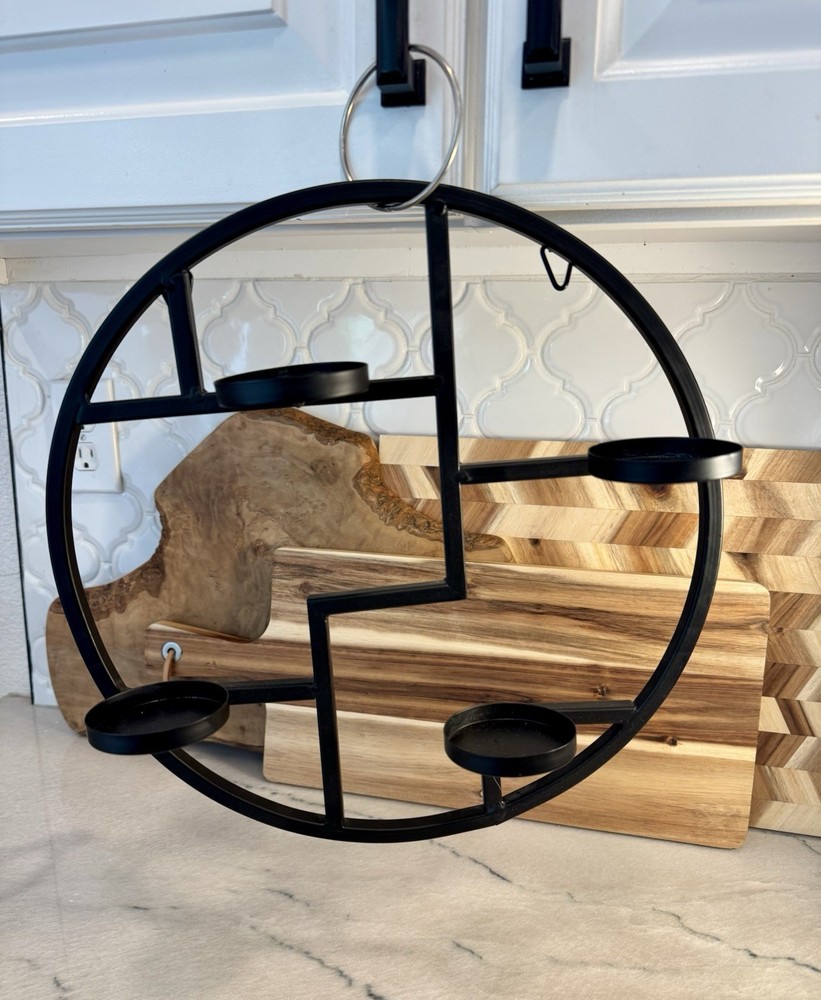 Black Metal Wall Candle Sconce Holder Set of 2 Mount Holders Circle Geometric