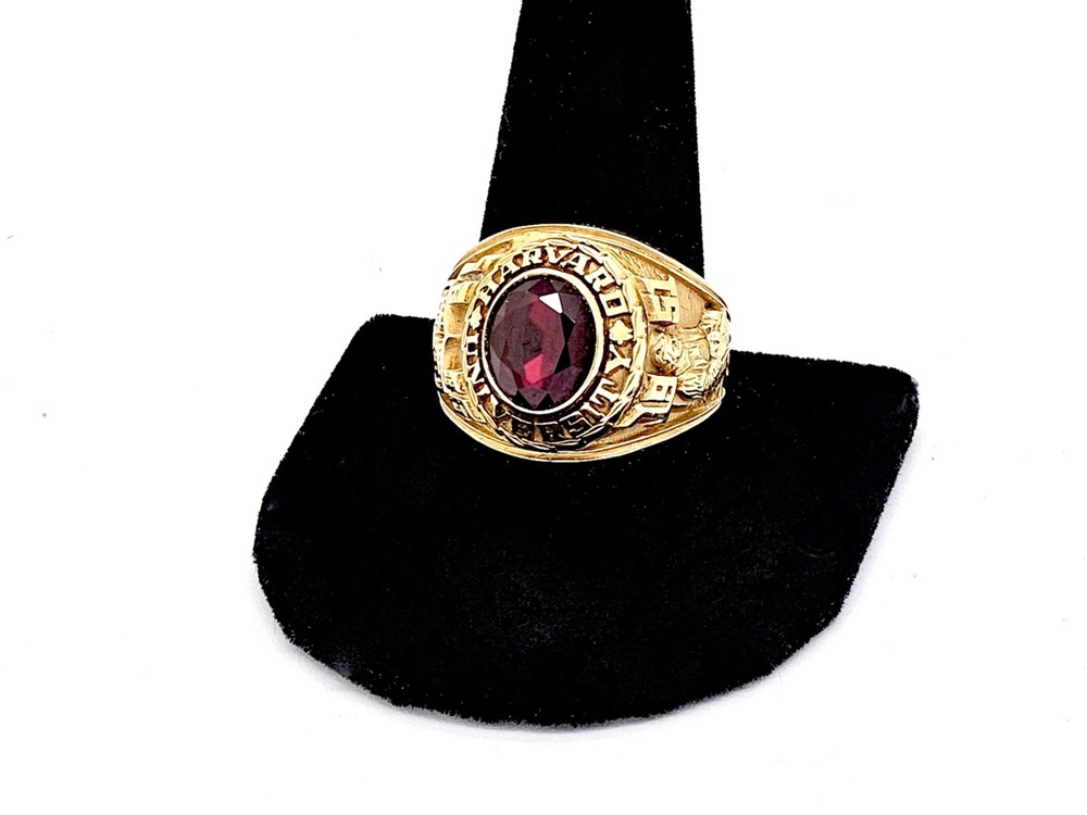 HARVARD UNIVERSITY CLASS OF '51 CUSTOM 18K GOLD LAB FACETED RED STONE RING,12