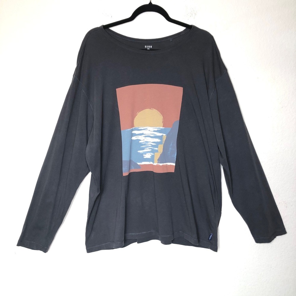 ROWM XXL Graphic Long Sleeve T Shirt Coastal Sunset Print Oversized Casual Tee