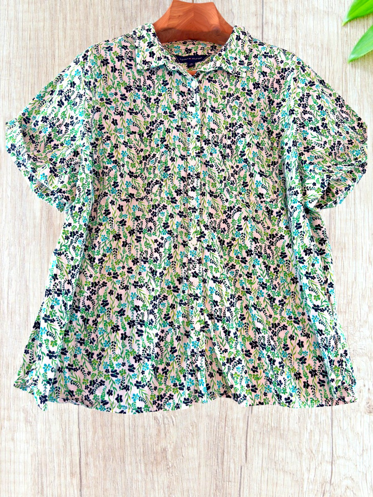 Tommy Hilfiger Women’s 2X Floral Cotton Button Up Camp Shirt Roll Sleeve NWT Bag