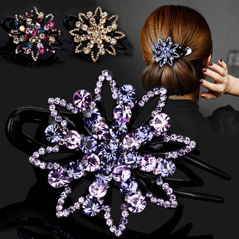 #Women Shiny Rhinestone Flower Hairpin Acrylic Duckbill Clip Hair Claw Barrett