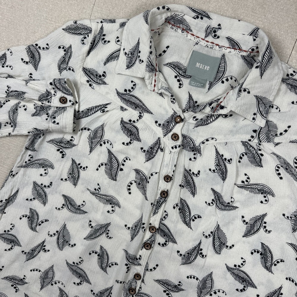 Maeve Anthropologie Button Front Blouse Women’s Size 8 Blue White Feather Print