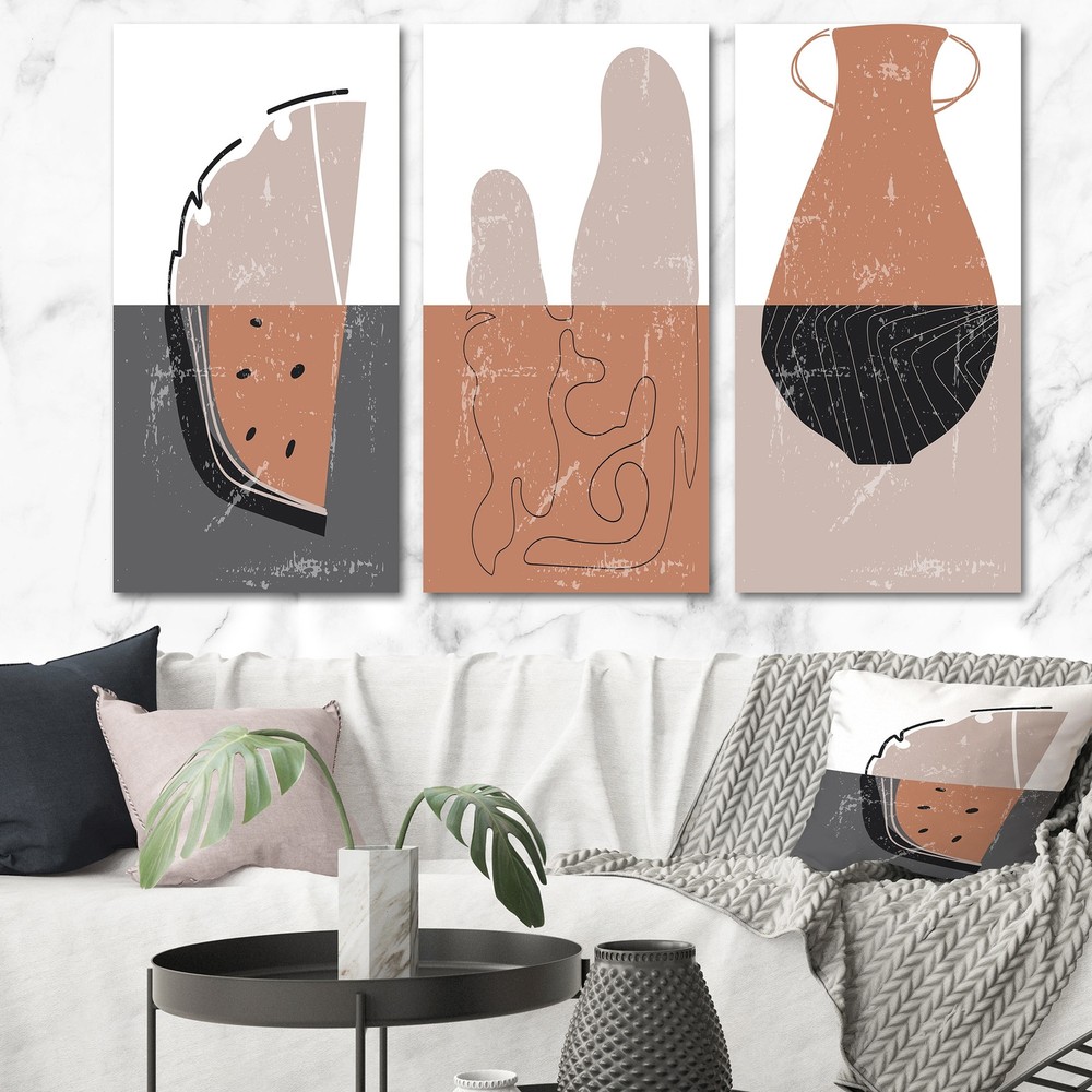 Designart Grey Brown Minimalist Vintage Doodles Modern Contemporary Wall Art