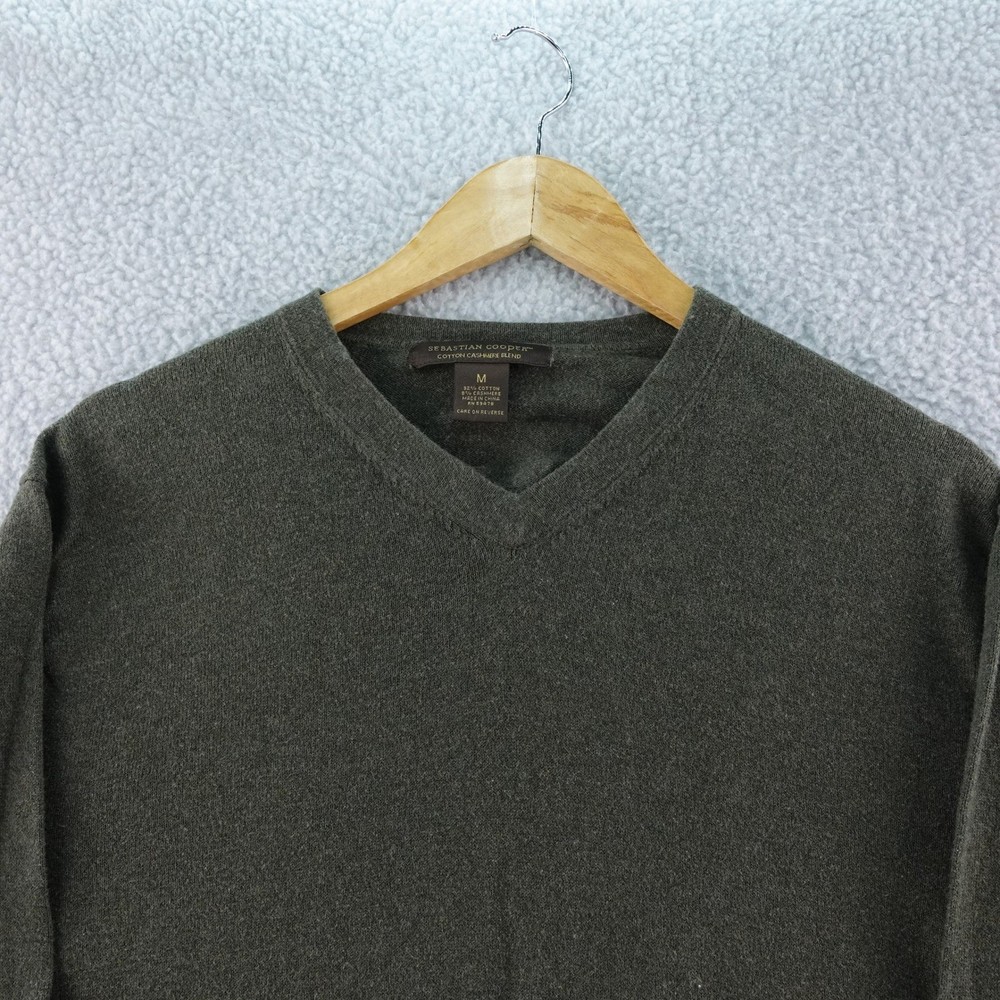 Sebastian Cooper Mens M Cotton Cashmere Blend V Neck Sweater Medium Olive