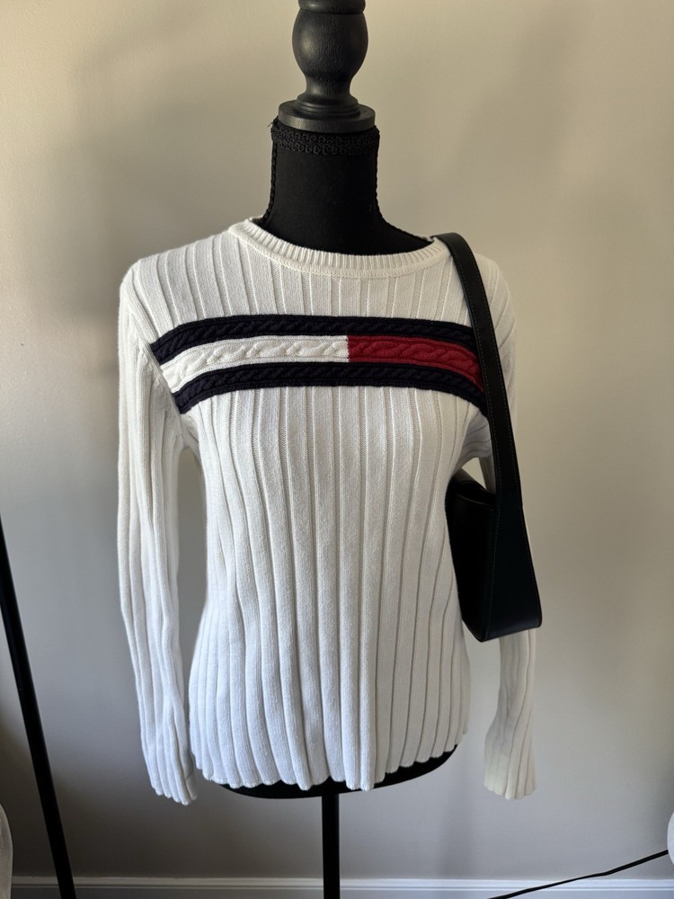 Tommy Hilfiger Womens M Cable Knit Crew Neck Striped Pullover Sweater Logo