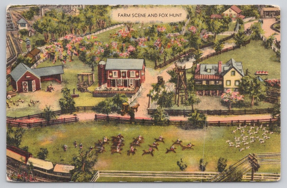 Roadside America Hamburg PA Farm Scene Fox Hunt Miniature Village Postcard 1957