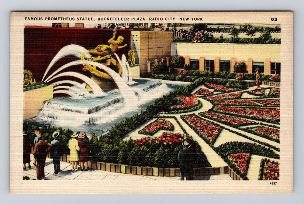 New York City NY-Prometheus Statue, Rockefeller Plaza, Antique Vintage Postcard