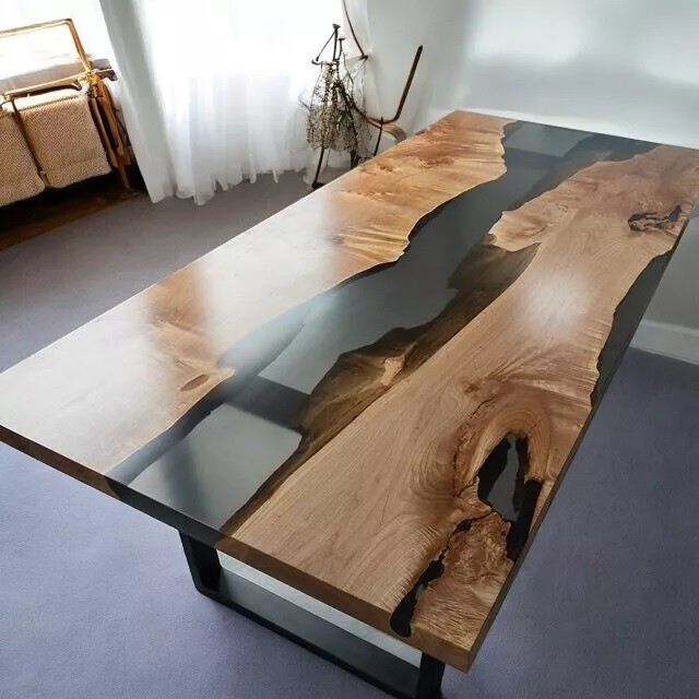 Acacia Wooden Clear Epoxy Sofa Dining Table Handmade Custom Design Centerpiece-image