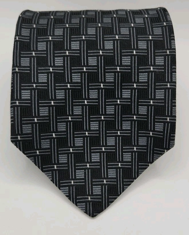 EC Jones New York Black Geometric Mens Tie Woven 100% Silk USA Apx. 57