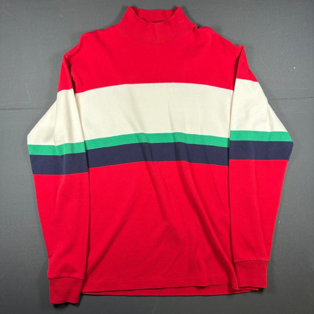 VTG Lands' End Mock Neck Striped Long Sleeve T-Shirt Mens Large Red Made in USA