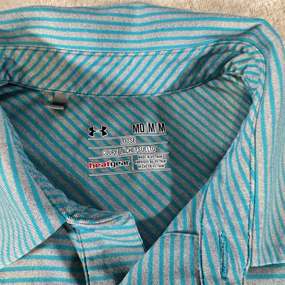 Under Armour Heatgear Golf Polo Shirt Mens M Gray Green Stripes Short Sleeve