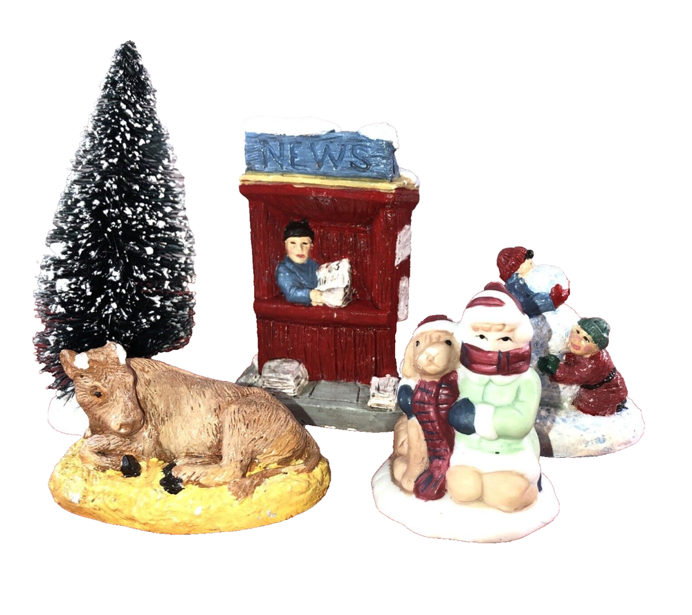 5 Ceramic Christmas Village Accent Pieces - Phone Booth, Tree, Cow