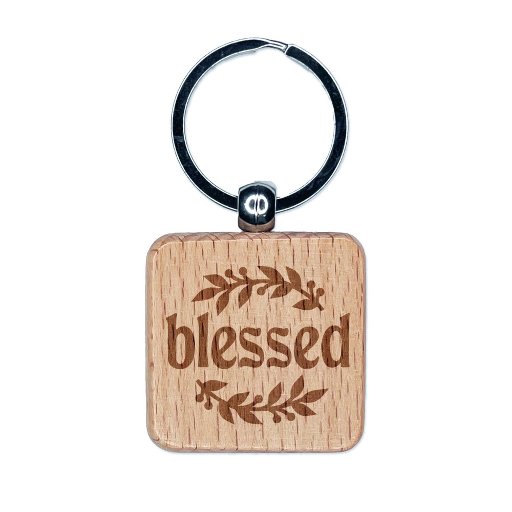 Blessed Leaf and Berries Engraved Wood Square Keychain Tag Charm