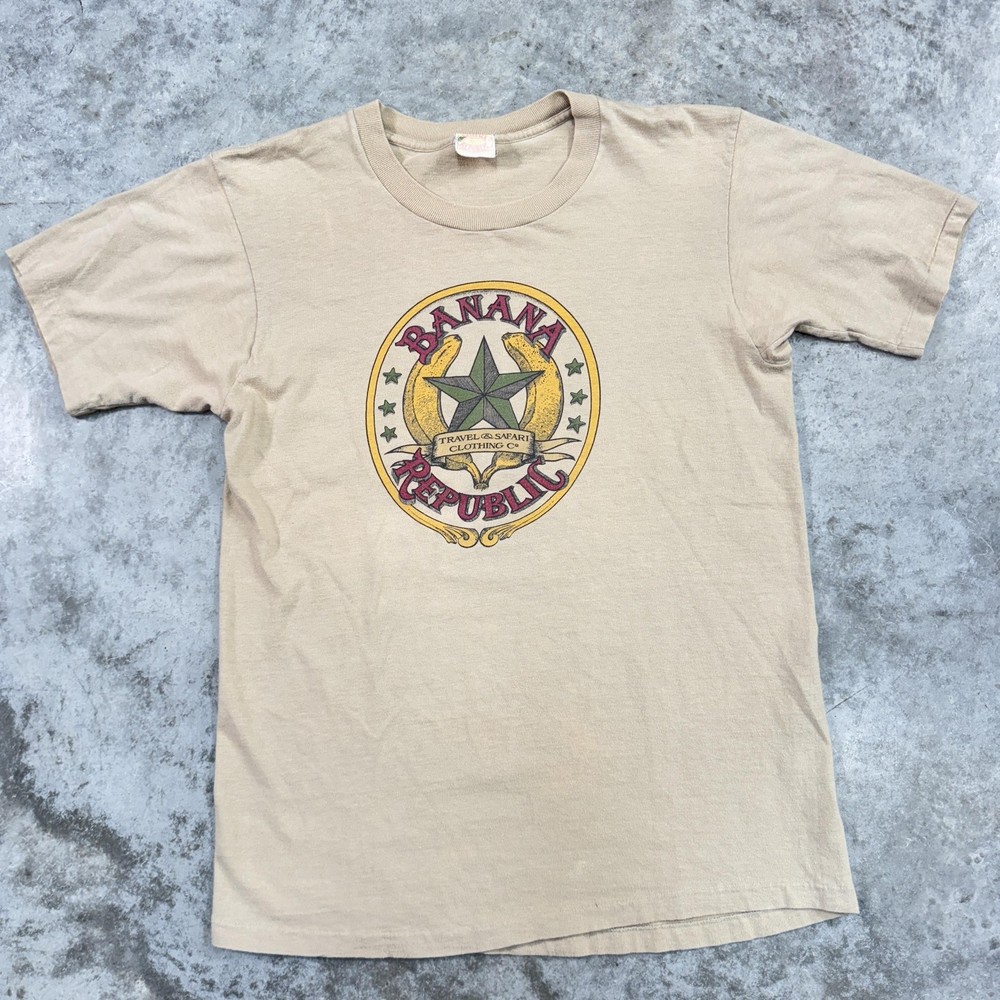 Vintage Banana Republic Shirt Mens Medium Tan Travel Safari Graphic Tee 80s 90s