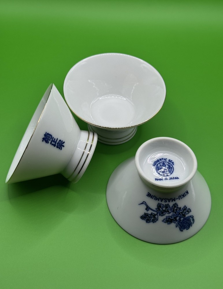 Vintage Japanese Sake Cups Ochoko Kiku-Masamune Made in Japan Porcelain Set of 3