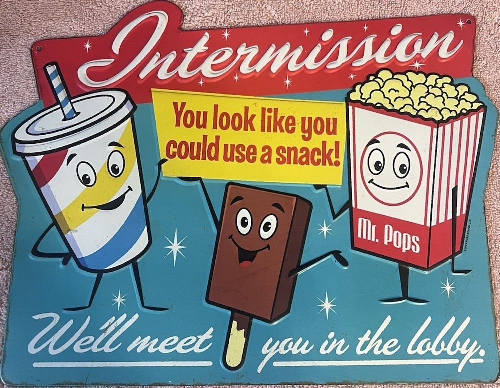 Open Road Brands Intermission Movie Theater Snacks Retro Metal Hanging Wall Sign