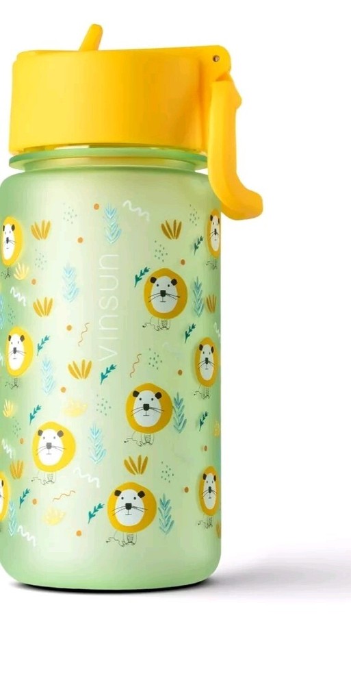 VINSUN 500ml Kids Water Bottle with Straw Green Lion Design