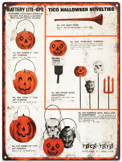 1972 Tico Halloween Blow mold JOL Devil Mancave Metal Sign Repro 9x12