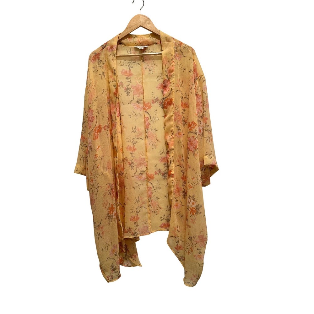 American Eagle Floral Kimono Yellow Orange Sheer Boho Cover Up One Size