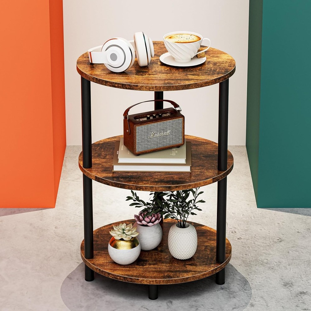 Small Round 3-Tier Side Table Rustic Wood & Metal Accent Nightstand Living Room