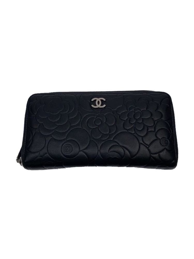 CHANEL Camellia Embossed Silver CC Black Zip Around Long Wallet Pre-Loved