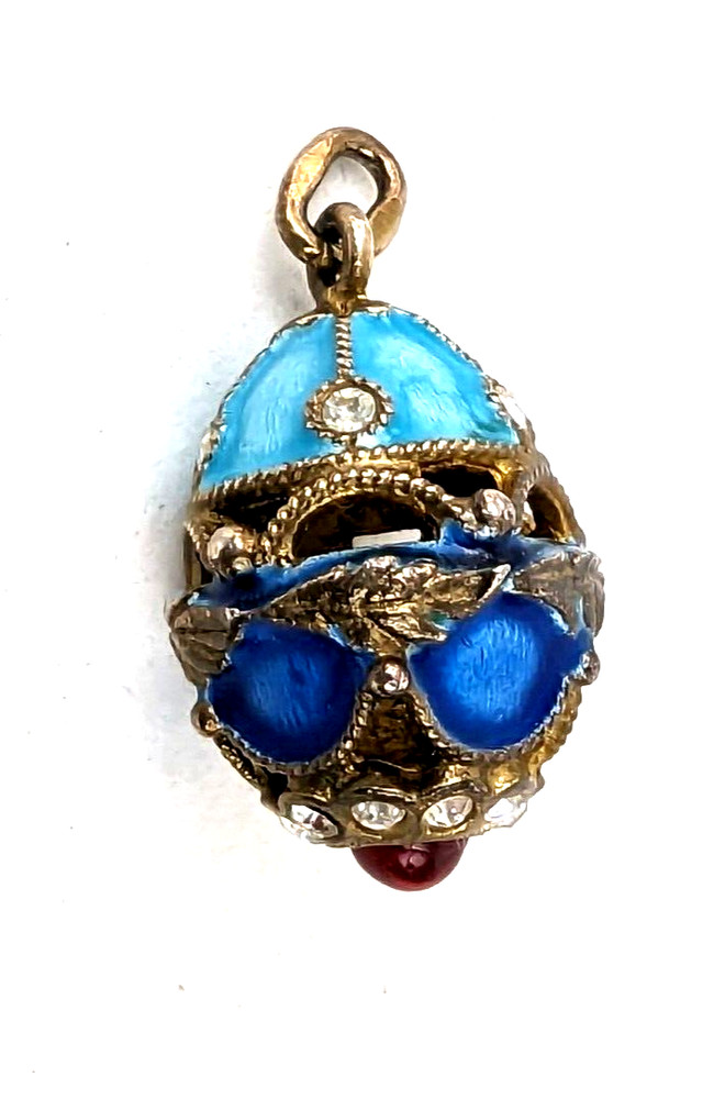Vintage Sterling Silver Enamel Jeweled Russian Imperial Style Egg Charm Pendant