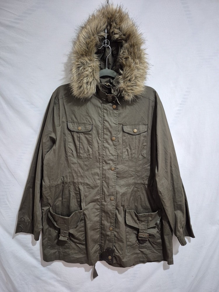 Virtu Khaki Green Lightweight Midlength Jacket Size 18 Fur Trim Hood