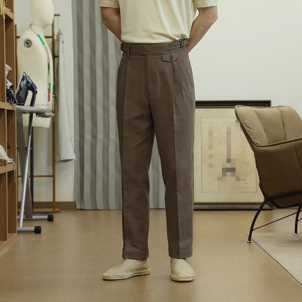 Men's Slim Fit Gurkha Pants Adjustable Waist Linen Cotton Brown Trousers