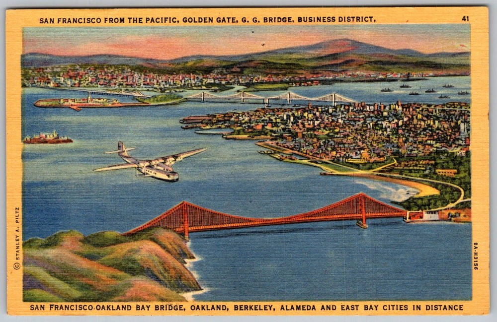 Vtg Linen Postcard Golden Gate Bridge Seaplane San Francisco, CA 1940s