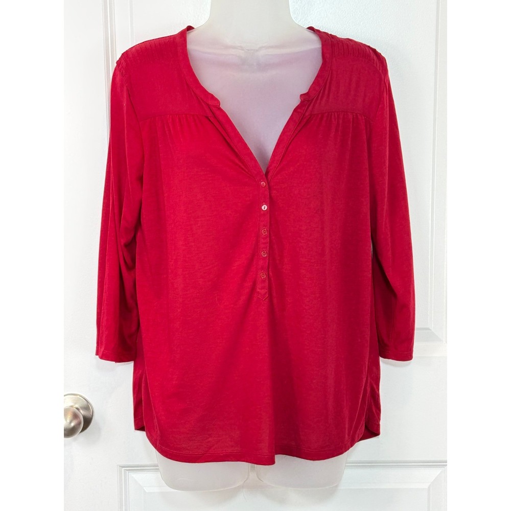 H&M Red Long Sleeve V Neck Henley Button Front Top Women's Size Medium