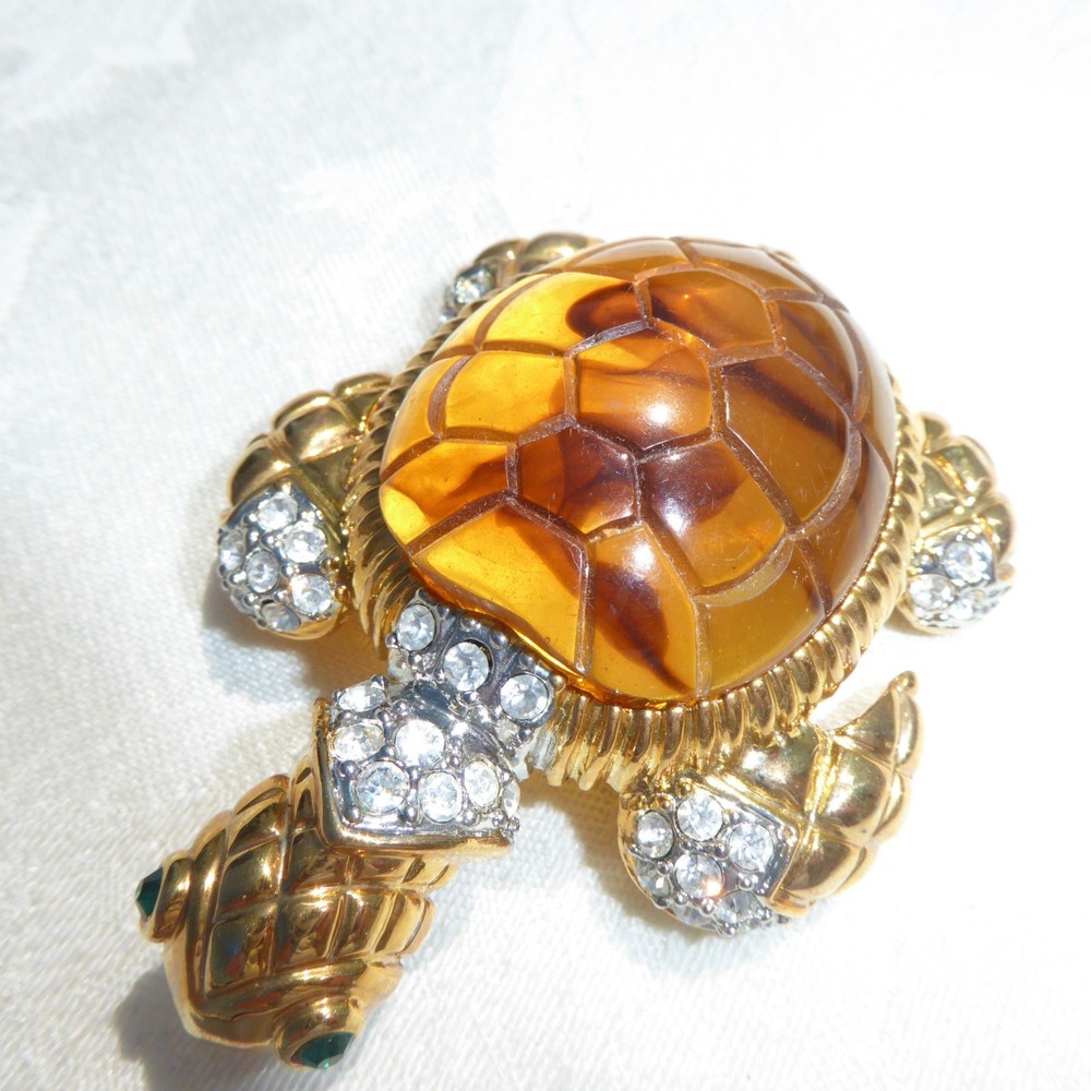 Large Vintage Gold Tone Sea Turtle Brooch Rhinestone Amber Lucite Cabochon