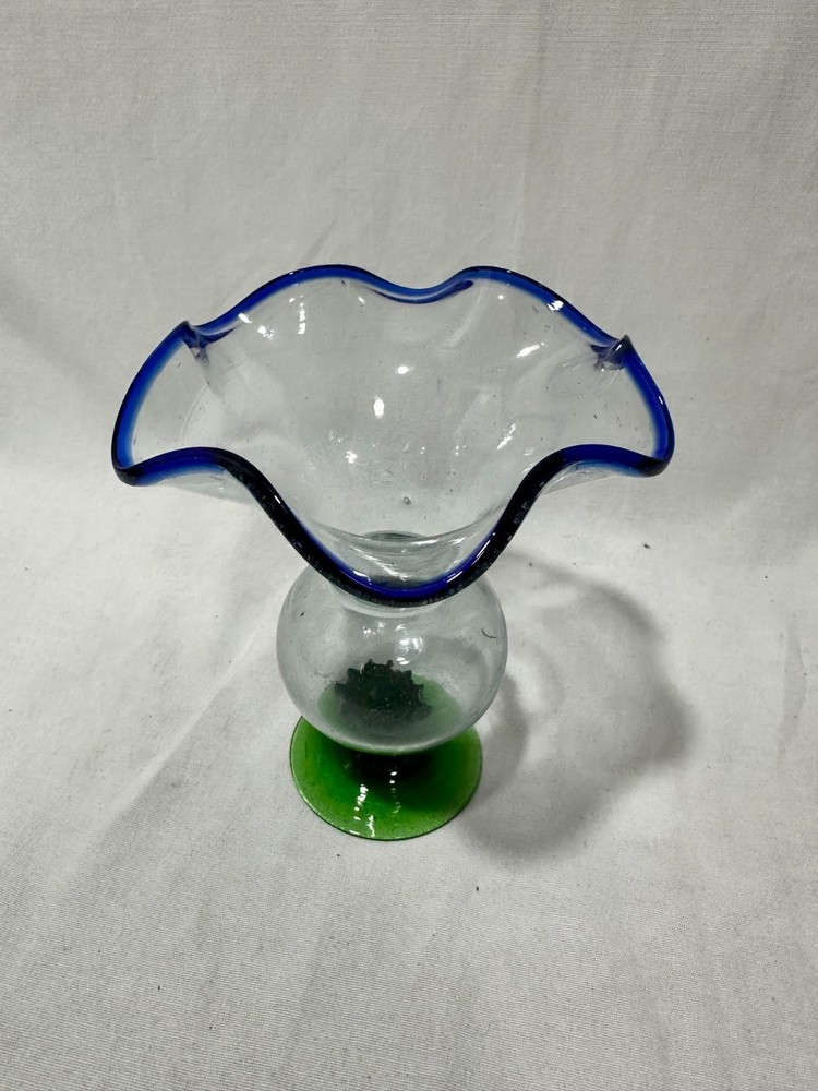 Vintage Hand-Blown Art Glass Ruffled Vase - Cobalt Blue Rim & Emerald Green Base
