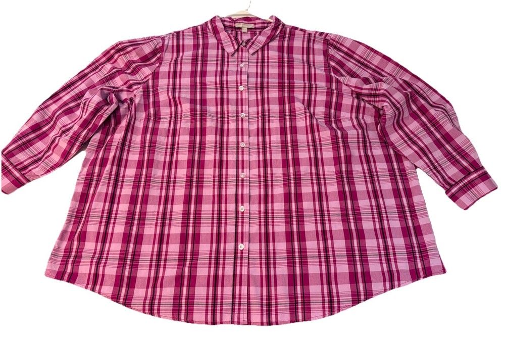WOMAN WITHIN Women 3X 30/32 Plaid Button Up Shirt Long Sleeve Pink Black