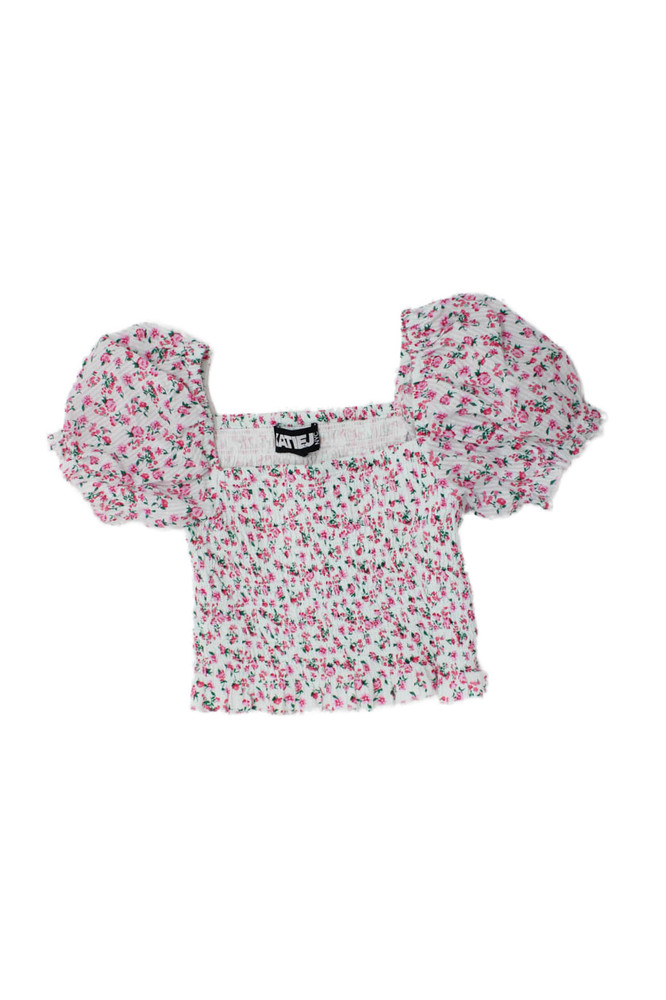 Katie J Girls Short Sleeve Square Neck Floral Smocked Blouse White Pink Size XLFree Shipping in US $100+ Orders | $6.95 Orders Below
