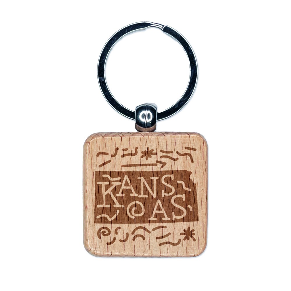 Kansas State with Text Swirls Engraved Wood Square Keychain Tag Charm