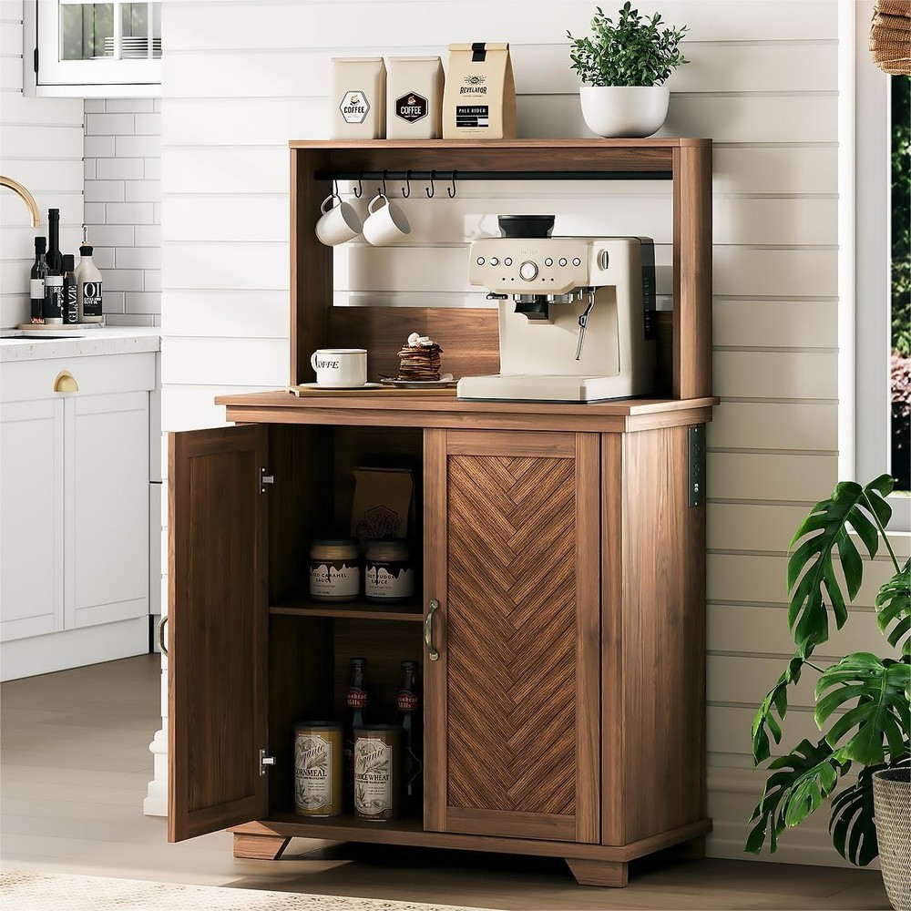 Rustic 31.5 Inch Farmhouse Coffee Bar Cabinet with Storage and Hooks for Kitchen  