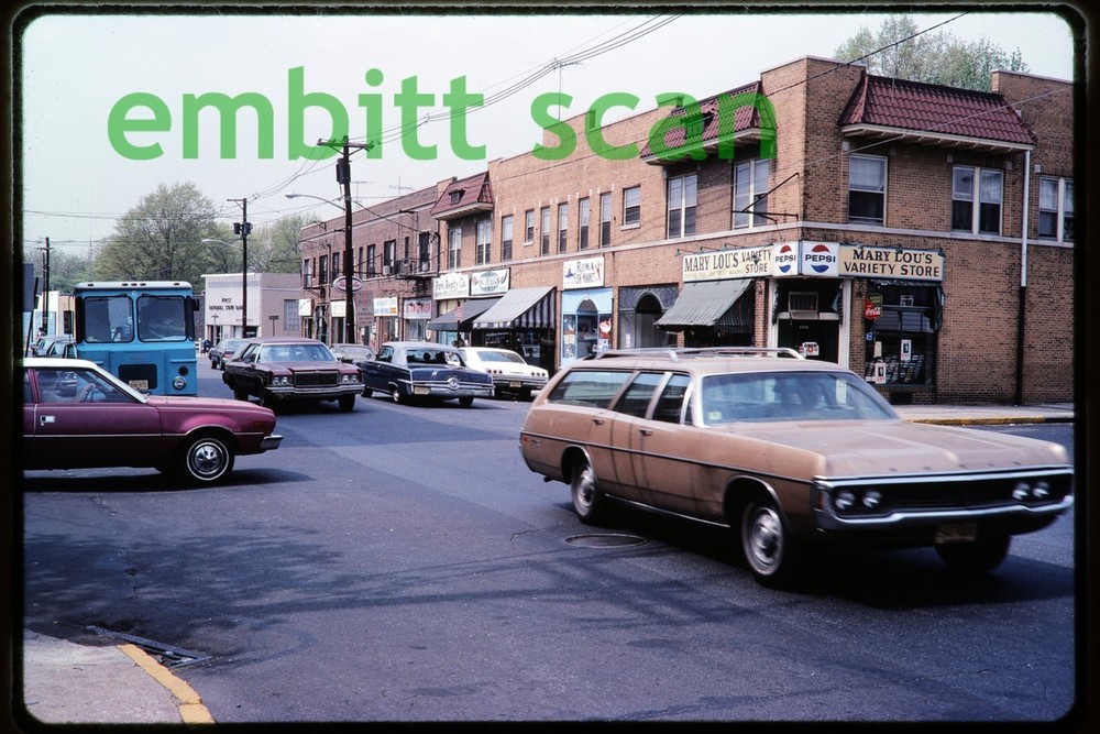 Original Slide, 1976 Irvington NJ Street Scene, Mary Lou's Variety Store & Roma