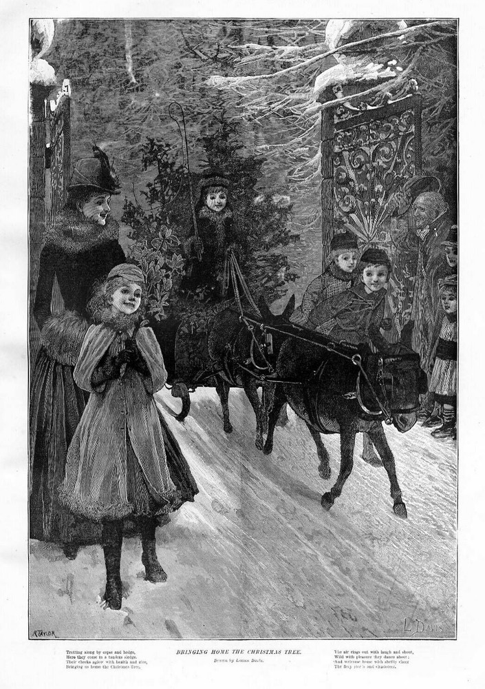 CHILDREN BRINGING HOME THE CHRISTMAS TREE SNOW DONKEYS TROTTING PULLING SLEIGH