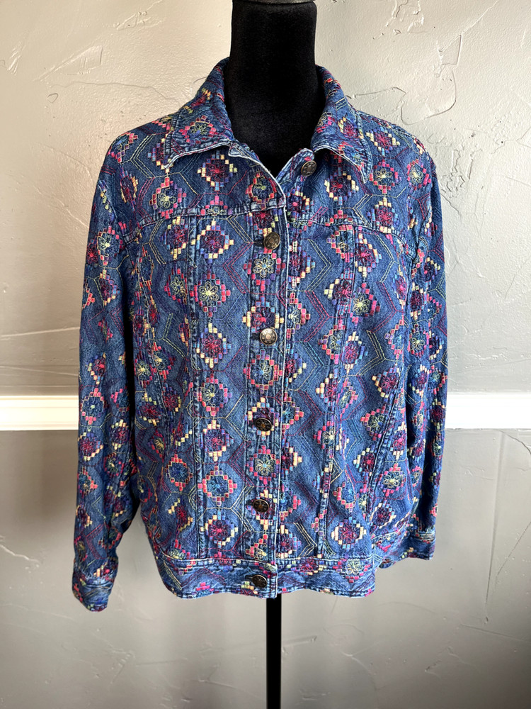 Coldwater Creek Jacket Women's Size L (Petite) Denim Embroidered Button Up